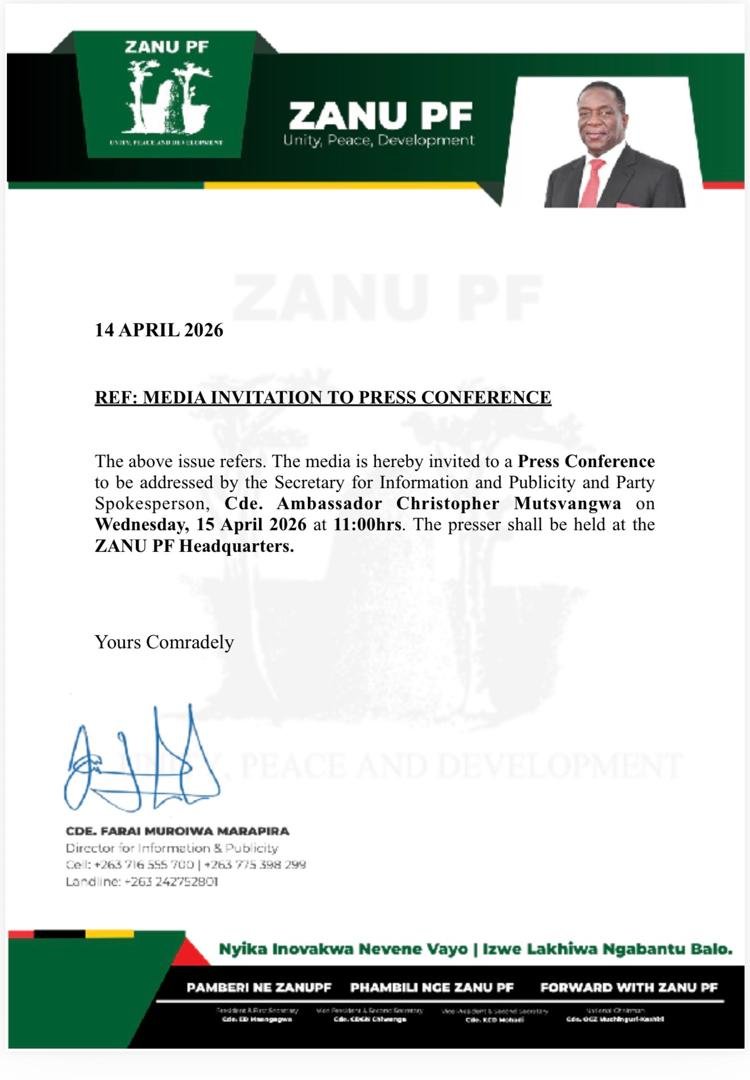zanupf_patriots's tweet photo. ZANU PF Press conference.

Date: 15 April 2026
Time: 11:00hrs
Venue: Party HQ. https://t.co/A0SIYsjt4A