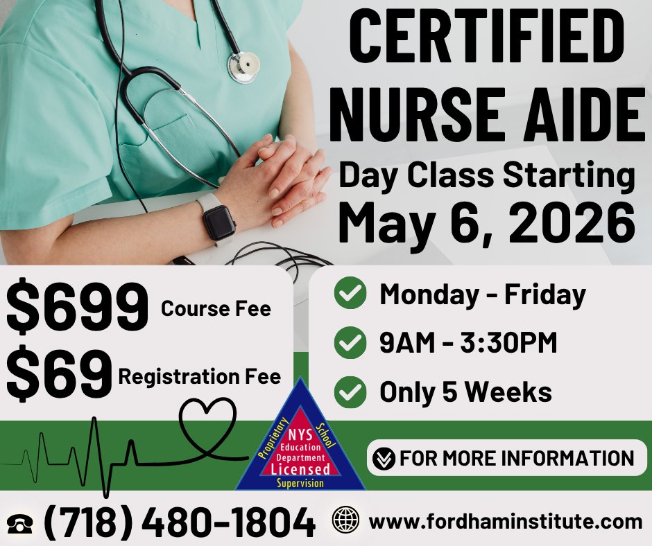FordhamInstinc's tweet photo. Join our Certified Nurse Aide Day Class starting May 6, 2026! 

📅 May 6 – June 4, 2026
🕘 Monday–Friday | 9:00 AM – 3:30 PM
📍 Woodhaven, NY

📞 (718) 480-1804
🌐 https://t.co/atyhOnOPKc

#CNAProgram #HealthcareTraining #HealthcareCareers #NursingAssistant https://t.co/MS4Hr5zIxm
