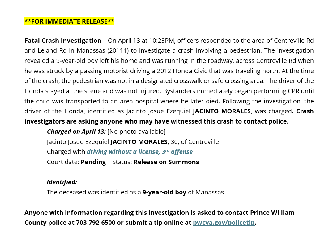 PWCPolice's tweet image. *FOR IMMEDIATE RELEASE: PWCPD investigated a fatal crash that occurred in the area of Centreville Rd &amp;amp; Leland Rd in Manassas on April 13th at 10:23PM. More info;