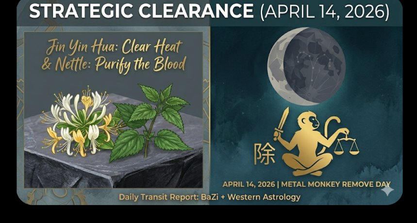 April 14, 2026: Strategic Clearance ✨

​Today is about ruthless efficiency. While the pioneering Aries Moon pushes for forward drive, the BaZi "Remove" Day demands subtraction. We are cultivating ultimate flow by pruning what no longer serves the mission. 🏛️

​🏮 The Cosmic