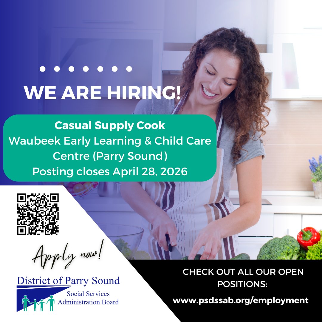 psdssab's tweet photo. Are you handy in the kitchen? Do you enjoy being around children?
JOIN OUR TEAM!

We are seeking a Casual Supply Cook for the Waubeek Early Learning &amp; Child Care Centre in Parry Sound.

See all of our current opportunities here: https://t.co/MGLIzjJfb4 https://t.co/rirYy6pQki
