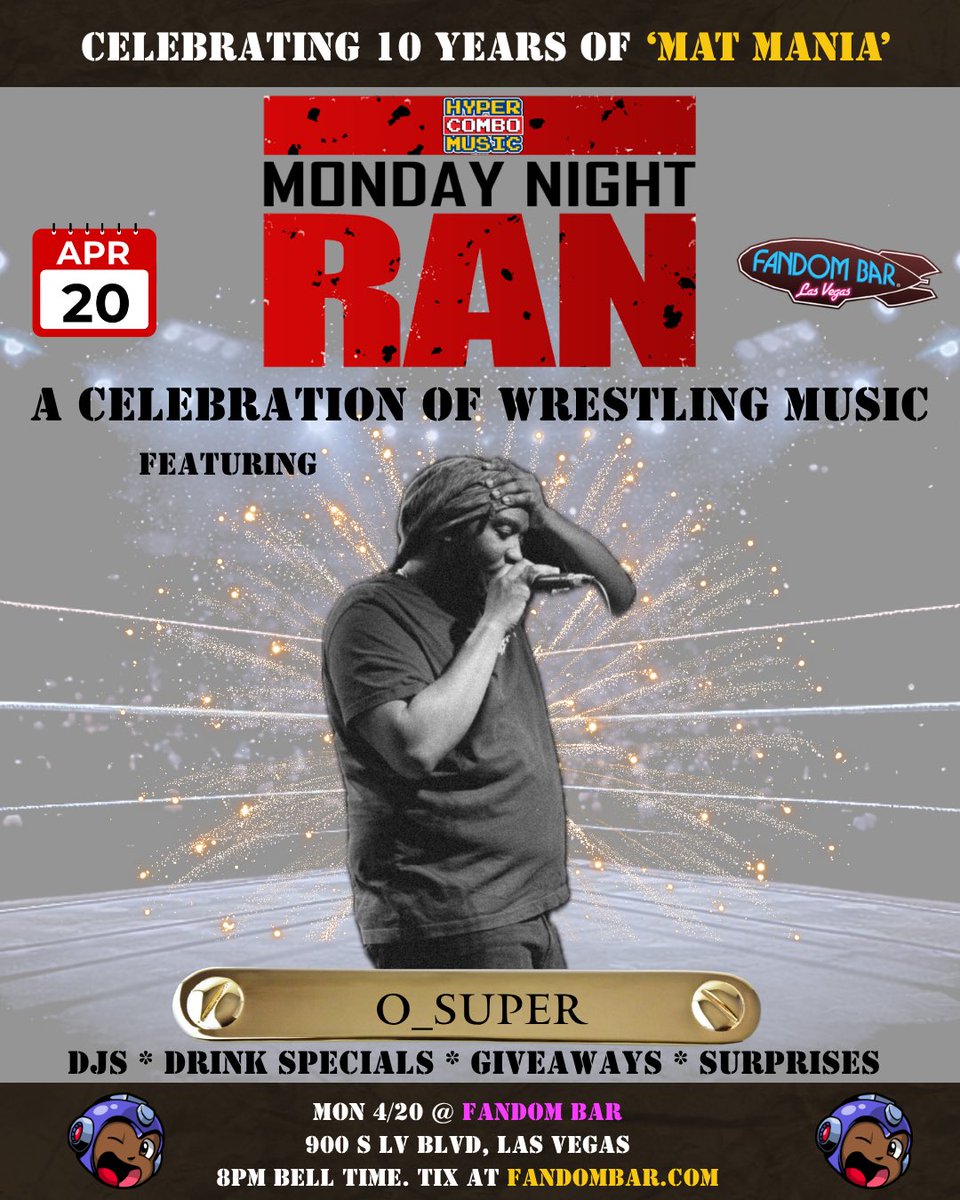 osuperwins's tweet photo. Playing Live on 4/20 for the 10 Years of Mat Mania show - Monday Night Ran @fandombarlasvegas 

Tickets are available @ https://t.co/GWZVSfCRV6

@matmaniapod #music #live #hiphop #wrestling #maniaweekend https://t.co/lMhzG908Yq