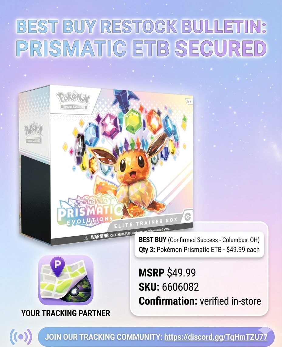 Best Buy: Prismatic ETBs @ $49.99 MSRP
Best Buy is officially selling Prismatic Evolutions ETBs at retail price ($49.99). We've seen stock hitting shelves consistently throughout yesterday and today.

👉 discord.gg/TqHmTZU77