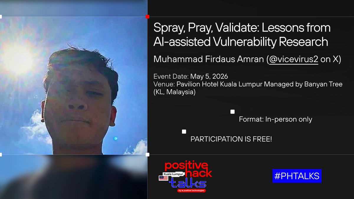 PTsecurity_EN's tweet image. Spray is easy. Validation is where research starts. @vicevirus2 shares lessons from using AI to hunt vulns in real-world codebases, beyond CTF-style setups. Listen at #PHTalks Kuala Lumpur 🇲🇾: phtalks.ptsecurity.com