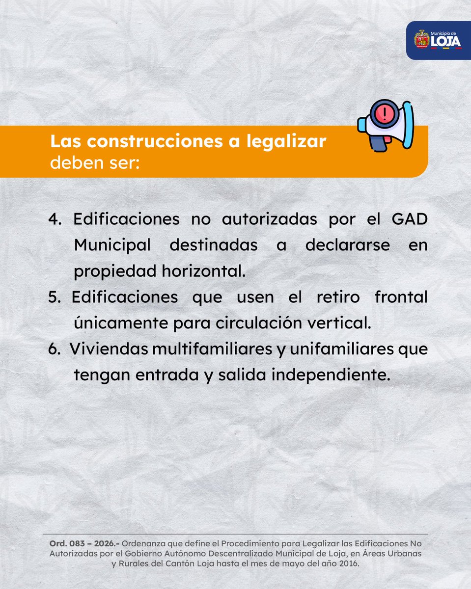 MunicipioDeLoja's tweet photo. 🏗️ #TrabajoEnMarchaPorLoja ||.Si tienes una edificación no autorizada, este es el momento de regularizarla.

Conoce las condiciones, excepciones y tasas establecidas para el proceso de legalización y evita inconvenientes futuros. https://t.co/jsKvROLKYp