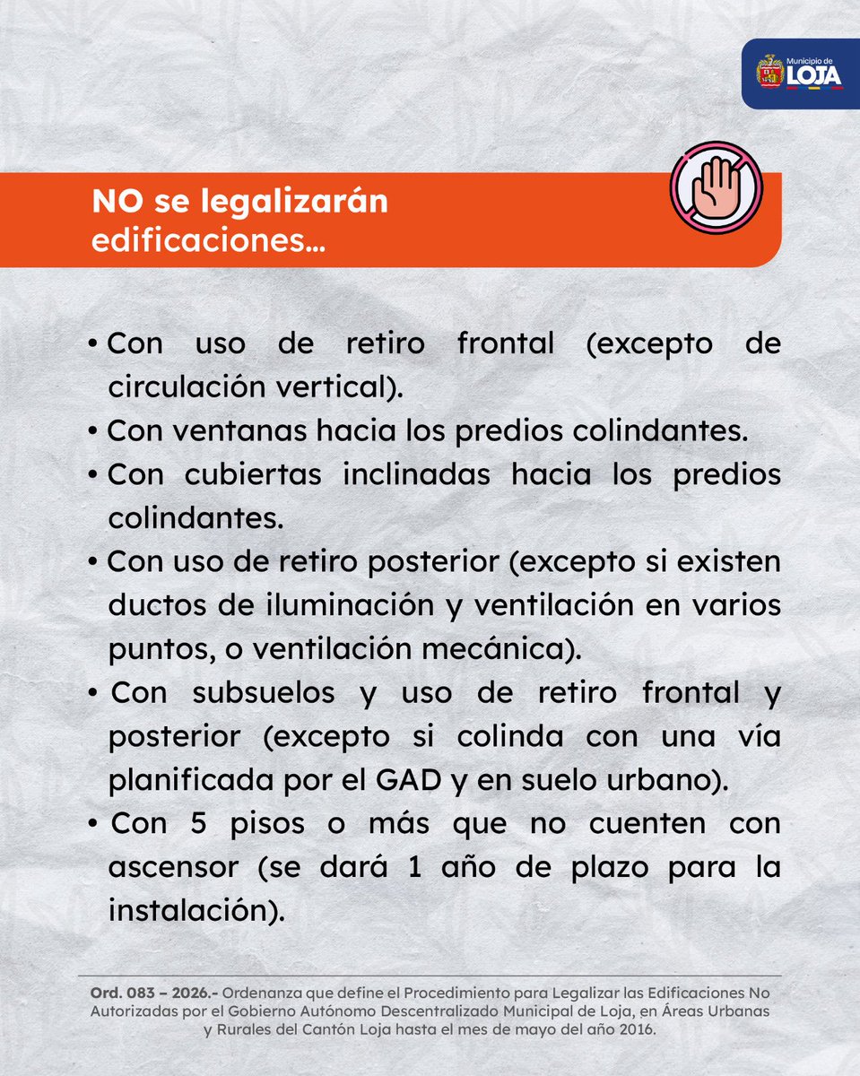 MunicipioDeLoja's tweet photo. 🏗️ #TrabajoEnMarchaPorLoja ||.Si tienes una edificación no autorizada, este es el momento de regularizarla.

Conoce las condiciones, excepciones y tasas establecidas para el proceso de legalización y evita inconvenientes futuros. https://t.co/jsKvROLKYp