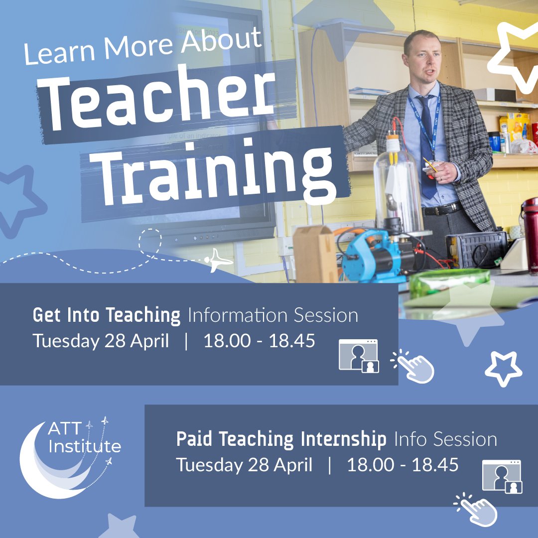 ATTInstitute's tweet image. 🎓 Thinking about a #teaching career? Learn more about our #ITT programme or paid teaching #internships at an online info session on 28 April!

Get Into Teaching: tinyurl.com/3mvuzhk2
Teaching Internships: tinyurl.com/4fhyfded

#SCITT #TeacherTraining #GetIntoTeaching