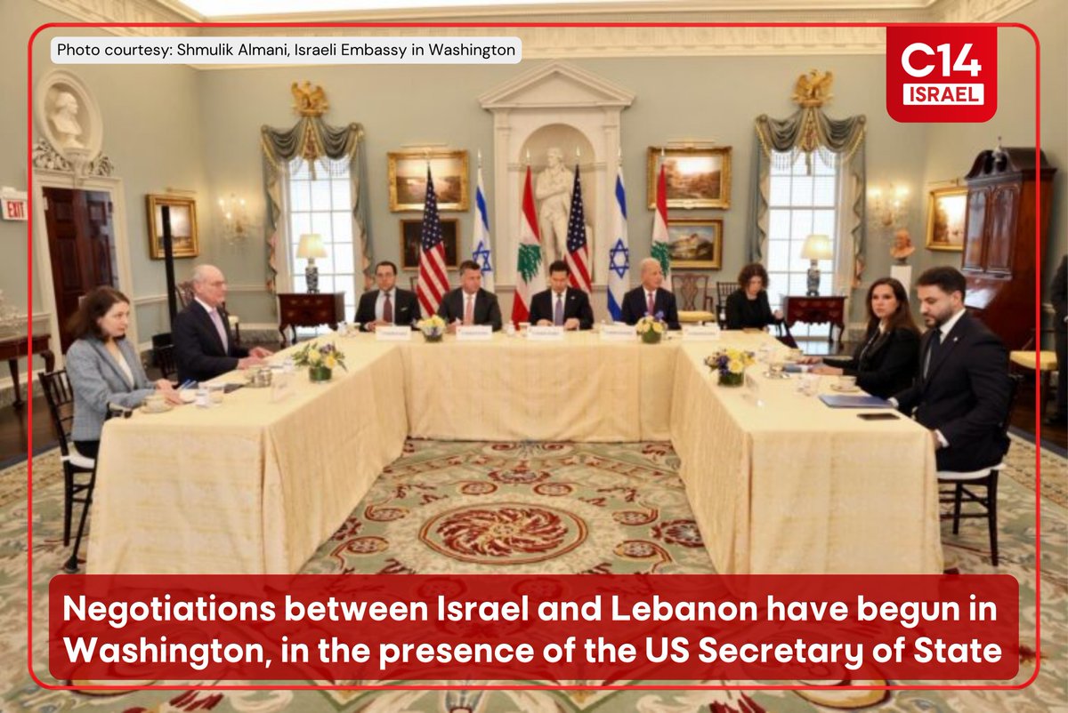 c14israel's tweet photo. Direct negotiations between Israel and Lebanon began today (Tuesday) in Washington. 

 With Israel’s ambassador, Yechiel Leiter (@yechielleiter), and Lebanon’s ambassador, in the presence of U.S. Secretary of State Marco Rubio (@SecRubio). 

These are the first talks of their kind since the agreement signed between Israel, Lebanon, and Syria in 1993 following Operation Accountability.