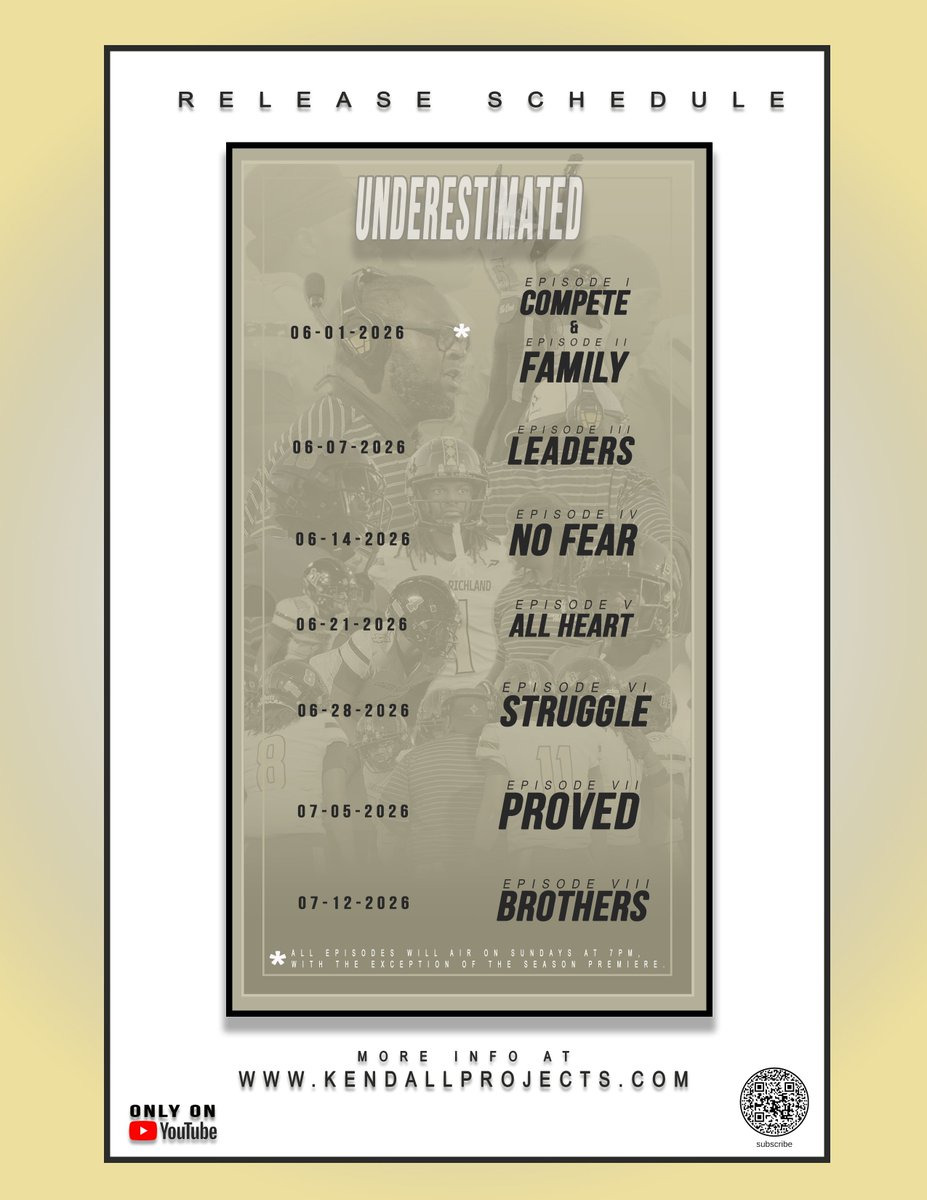 kendallprojects's tweet photo. The wait is over...

kendallprojects Media & Design proudly presents… UNDERESTIMATED: A Lower Richland Football Story.

This is more than a series- this is a cinematic experience that will change the way high school football stories are told. Building through months of relentless work, trust, and belief, it’s time to share it with the world.

📅 SERIES PREMIERE: June 1, 2026 7pm
📍 Streaming exclusively on YouTube

https://t.co/lIZxnxdrRi

06.01.2026 – Episode I: COMPETE & Episode II: FAMILY
06.07.2026 – Episode III: LEADERS
06.14.2026 – Episode IV: NO FEAR
06.21.2026 – Episode V: ALL HEART
06.28.2026 – Episode VI: STRUGGLE
07.05.2026 – Episode VII: PROVED
07.12.2026 – Episode VIII: BROTHERS

(Except the two premiere Episodes. All Episodes Air Sundays at 7PM)

This series takes you deep inside the heart of Lower Richland football—through the grind of summer workouts, the adversity of the season, and the brotherhood that defines a team determined to never be overlooked again.

No Fear, All Heart, Earned in Silence, Proved in Victory and Still
🎬 UNDERESTIMATED
👉 Visit: https://t.co/KJxUXneG3v for more information
📲 Scan the QR code to subscribe and stay locked in

Now we need you—
Like. Share. Subscribe. Spread the word.
Because stories like this deserve to be seen.

@4QuarterFriday @Guardian_Caps @DiamondHornetFB @THEOLWHISPERX4
@SCFCA1 @DavidHe05739152 @natedorton @mrs_vfrierson @coachMontM @80Rhett @justinbhall @fastdawg101 @Coachtimboallen @CoachJamison @coachadamrice @LRHathletics @Bignickle51 @OphirHill_ @OGrading @LouatTheState @iguerin @MovinChain @BSNSPORTS_SC @HighSchoolBlitz @Bradley706 @_Nard3
@CIWilson_2 @Josh_Tuck27 @dariusjack15 @jordanh_2 @1luhhchama @AdrianDavis5851 @JamereLinnen @ZiyearYates @jamellmyers4 @DanielGee_52 @Eric_Kirk0 @HUDSONSETHH @FryeMightbehim @MauriceHorry @Jeremiah_adams2 @StylesP2027 @kelson_solomon @007kev_ @faithkendallsc @BigFishLBs