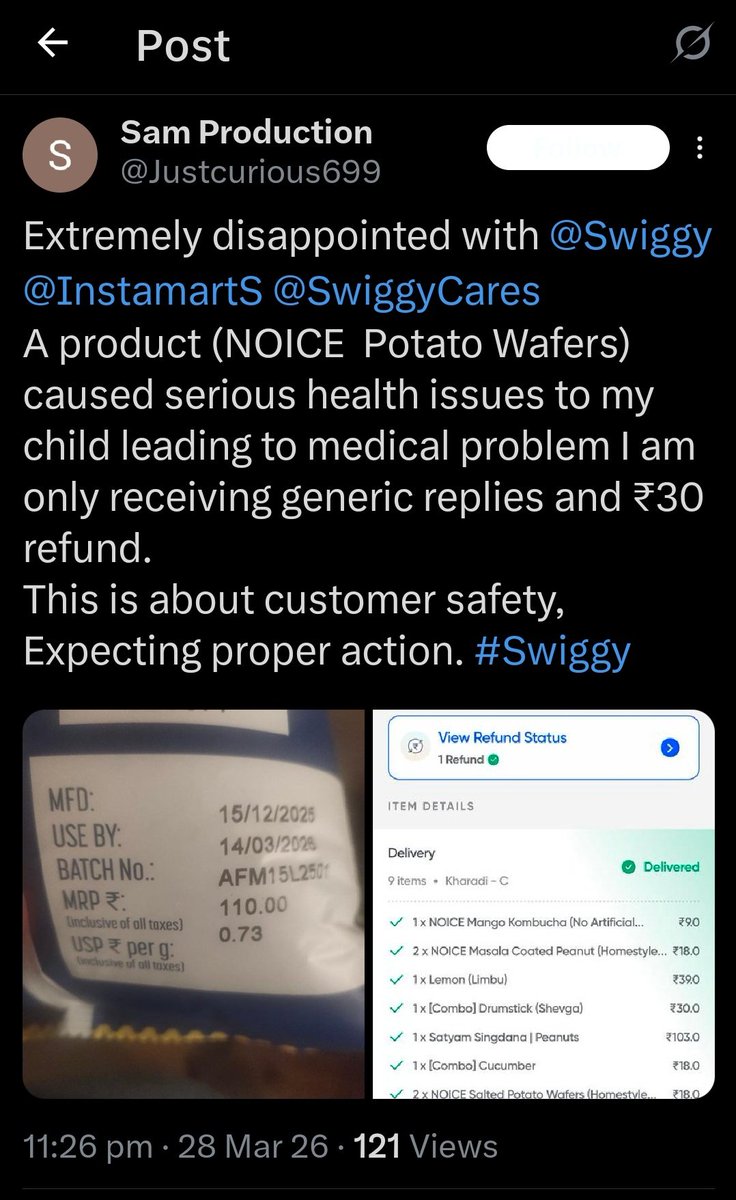 _Mr_Rahul_'s tweet photo. @TheBigGeek @Swiggy @rohitisb What can you expect from Swiggy & instamart —they are openly selling expired products of their in-house brand NOICE & risking customer health. They’ve mastered the art of looting restaurant partners and harassing customers & delivery partners—a three-way profit model. #SwiggyScam https://t.co/x3jDAzlitY