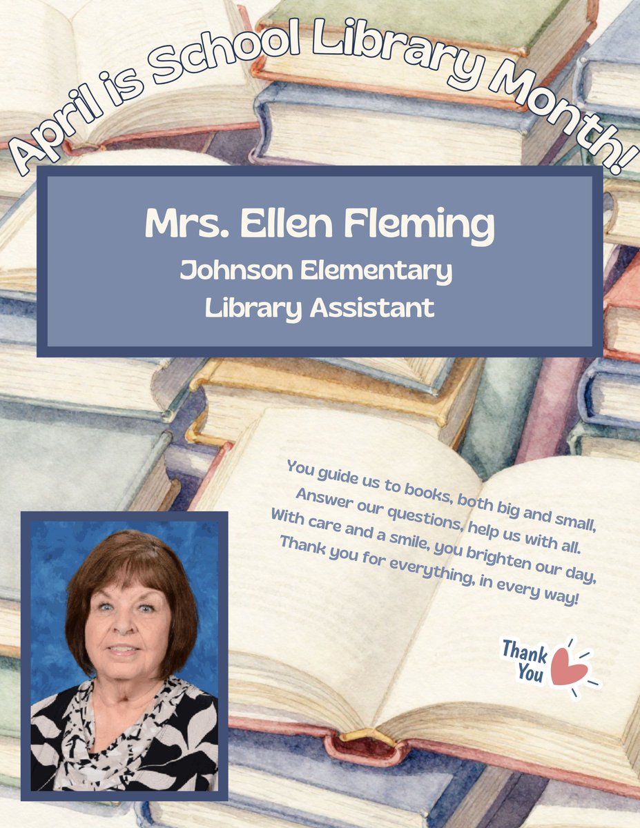 BISD_Libraries's tweet photo. April is School Library Month!  Thank you to Ellen Fleming, Johnson Elementary Library Assistant, for all you do!  This month is for YOU!
@BryanISD @BISD_ITech #CatchTheReadingBug #WhatAreYouReading @BisdJohnson @Johnson_BISD https://t.co/Atize64485