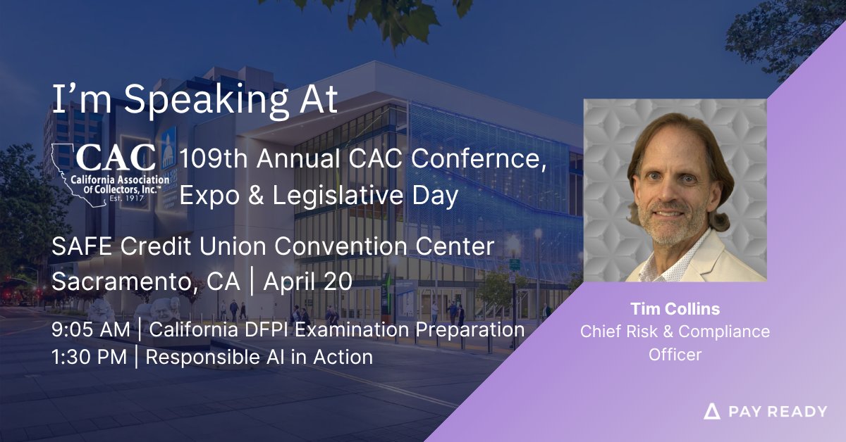 pay_ready's tweet photo. We’re proud to share that Tim Collins, Chief Risk & Compliance Officer at Pay Ready, will be speaking on two panels at the 109th Annual CAC Conference, Expo & Legislative Day on April 20.

Join Tim for these impactful sessions:
📌 California DFPI Examination Preparation
🤖 Responsible AI in Action

From compliance to innovation, Tim brings a unique perspective on how technology and responsible AI are shaping the future of collections and communication.

If you're attending, you wont want to miss this!

🔗 Explore the full agenda: https://t.co/jroDHP5cMW

#PayReady #CACConference2026 #FinTech #Collections #Innovation #AI #Automation #Leadership #Advocacy