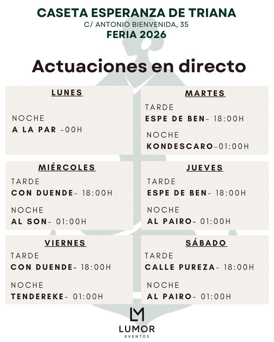 EspDeTriana's tweet photo. 🎡 La Hermandad abre las puertas de su caseta un año más

Un lugar de encuentro para hermanos y devotos donde disfrutar juntos de la feria, compartir momentos y vivir el ambiente que nos une.

En esta publicación encontraréis toda la información importante: normas de funcionamiento, condiciones de reserva de mesas/pescaíto y programación de actuaciones.

📍 Calle Antonio Bienvenida, 35
📲 Sigue el perfil oficial de la caseta para no perderte las novedades y noticias importantes ➡️ @casetaesperanzadetriana

Os recomendamos leer con atención toda la información para que todo se desarrolle con normalidad y sin incidentes.

¡Os esperamos para disfrutar de días inolvidables!

#Feria2026 
#EsperanzaDeTriana