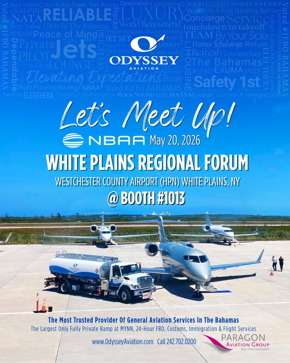 OdysseyBahamas's tweet photo. #OdysseyAviation team will be at @NBAA #WhitePlains #RegionalForum #WestchesterCounty #Airport #HPN๐
Visit booth #1013 & find out how Odyssey Aviation can help with all your #Bizav needs๐ซก
Letโs Meet Up! โ๏ธ
#1FBO #groundhandling #Bahamas #Nassau #MYNN #Exuma #MYEF #MYER #MYEM https://t.co/9nUHBuK5oU
