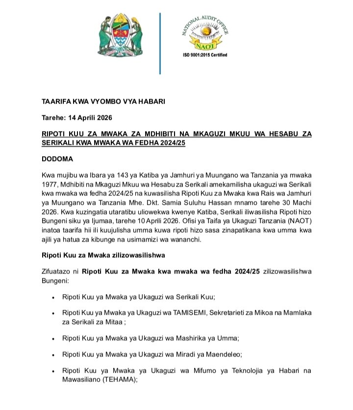 staronlinetz's tweet photo. Mdhibiti na Mkaguzi Mkuu wa Hesabu za Serikali (CAG) amekamilisha ukaguzi wa Serikali kwa mwaka wa fedha 2024/25 na kuwasilisha Ripoti Kuu za Mwaka kwa Rais wa Jamhuri ya Muungano wa Tanzania, Dkt. @SuluhuSamia. Ripoti hizo pia zimewasilishwa Bungeni mnamo tarehe 10 Aprili 2026. https://t.co/RPSGItWtvK