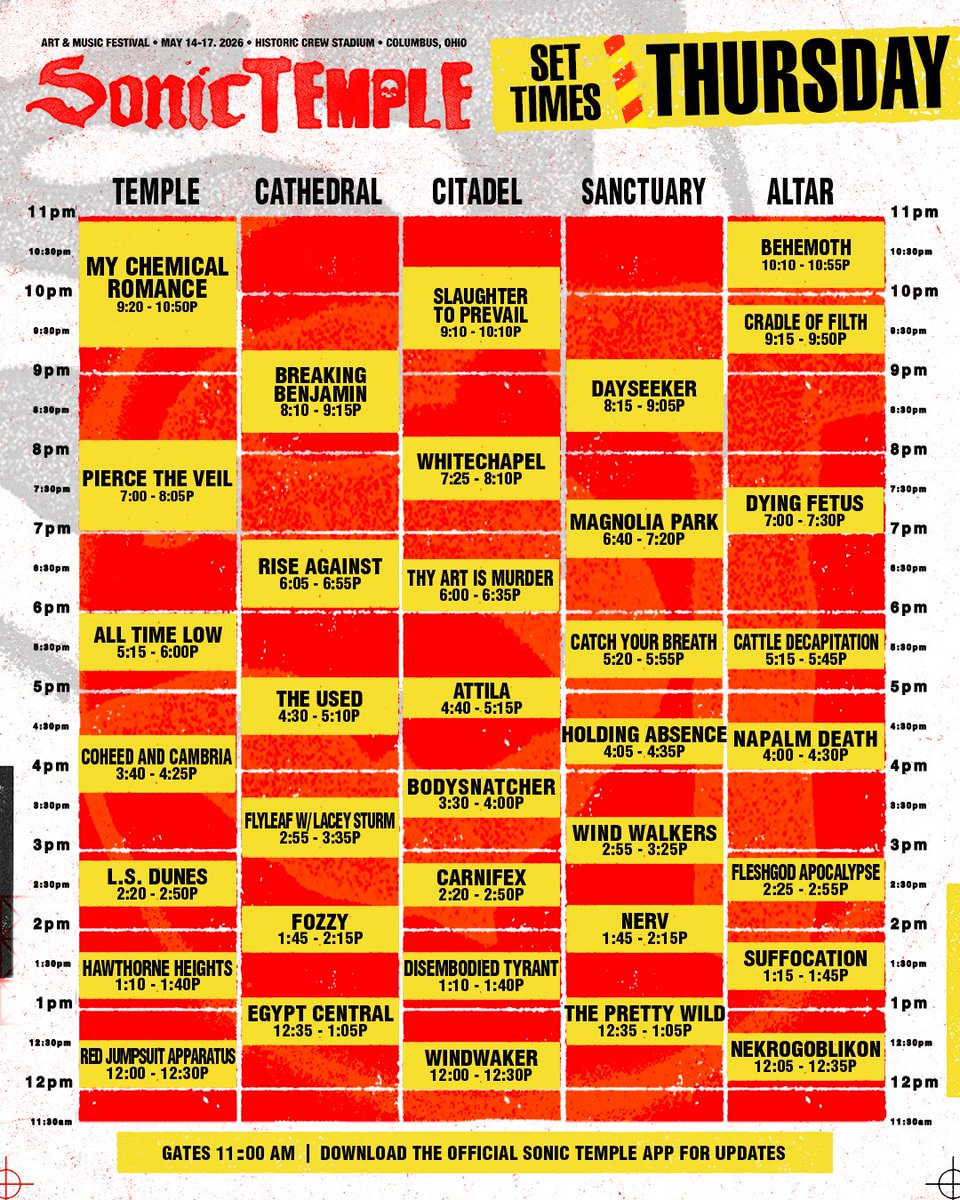 SonicTempleFest's tweet photo. SET TIMES HAVE ARRIVED ⏱️

Four days. Five stages. No wasted moments. 
Plan your path through The Temple… and choose wisely. 

📲 Pro-Tip: Download the official Sonic Temple Festival app to map out your days and stay in the loop with all updates throughout the festival. https://t.co/Yv3dkl3uNR
