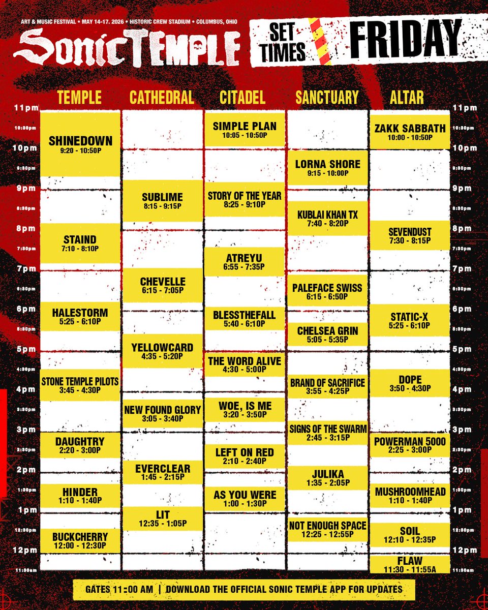 SonicTempleFest's tweet photo. SET TIMES HAVE ARRIVED ⏱️

Four days. Five stages. No wasted moments. 
Plan your path through The Temple… and choose wisely. 

📲 Pro-Tip: Download the official Sonic Temple Festival app to map out your days and stay in the loop with all updates throughout the festival. https://t.co/Yv3dkl3uNR