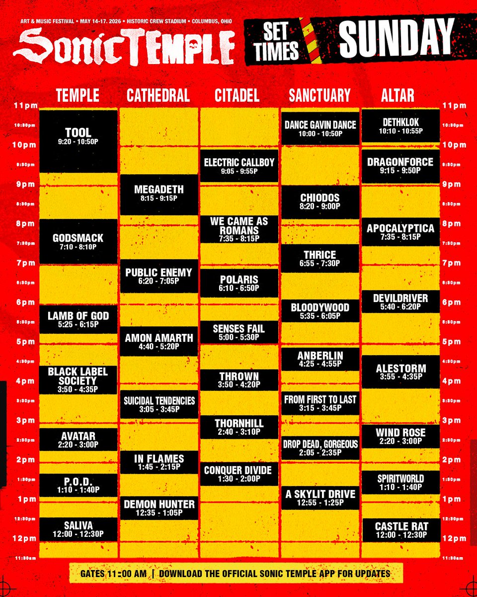 SonicTempleFest's tweet photo. SET TIMES HAVE ARRIVED ⏱️

Four days. Five stages. No wasted moments. 
Plan your path through The Temple… and choose wisely. 

📲 Pro-Tip: Download the official Sonic Temple Festival app to map out your days and stay in the loop with all updates throughout the festival. https://t.co/Yv3dkl3uNR