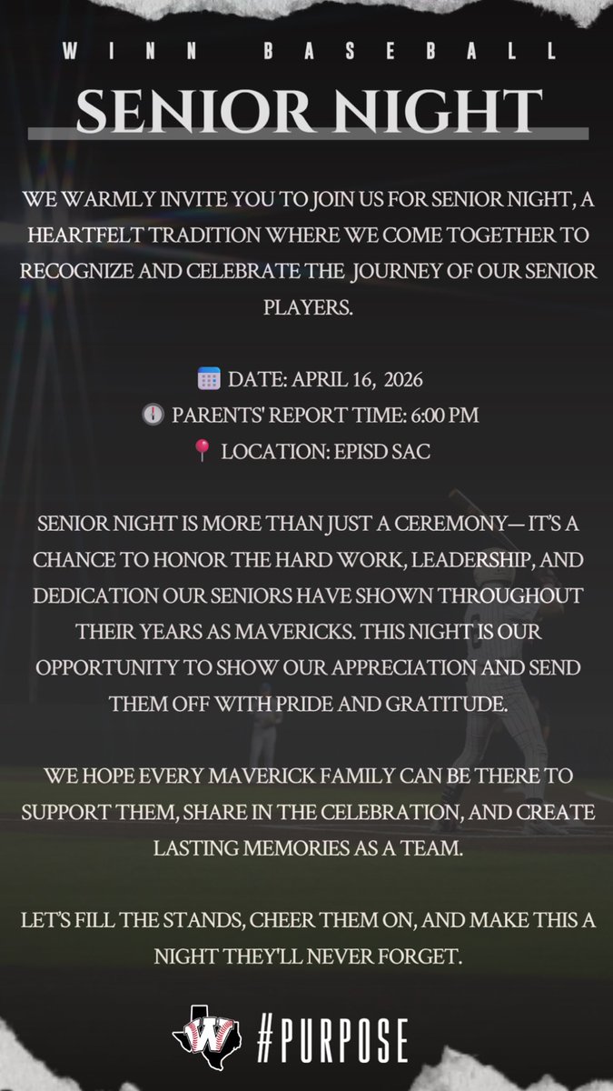 CcWinnBaseball's tweet image. Winn Baseball would like to cordially invite our family and friends to our Senior Night/Parents’ Night celebration this Thursday⚾️🤙🏼 We can’t wait to see you at the ball park! 
#Purpose

@CoachRoiz