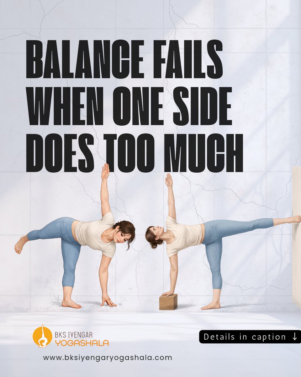 The “harder” version isn’t always better.

When you struggle,
the strong side takes over.

The weak side never acts.

Use props to restrain—not assist.

👉 Balance comes from removing excess, not adding effort.

Join us for a class. 
🌍 bksiyengaryogashala.com