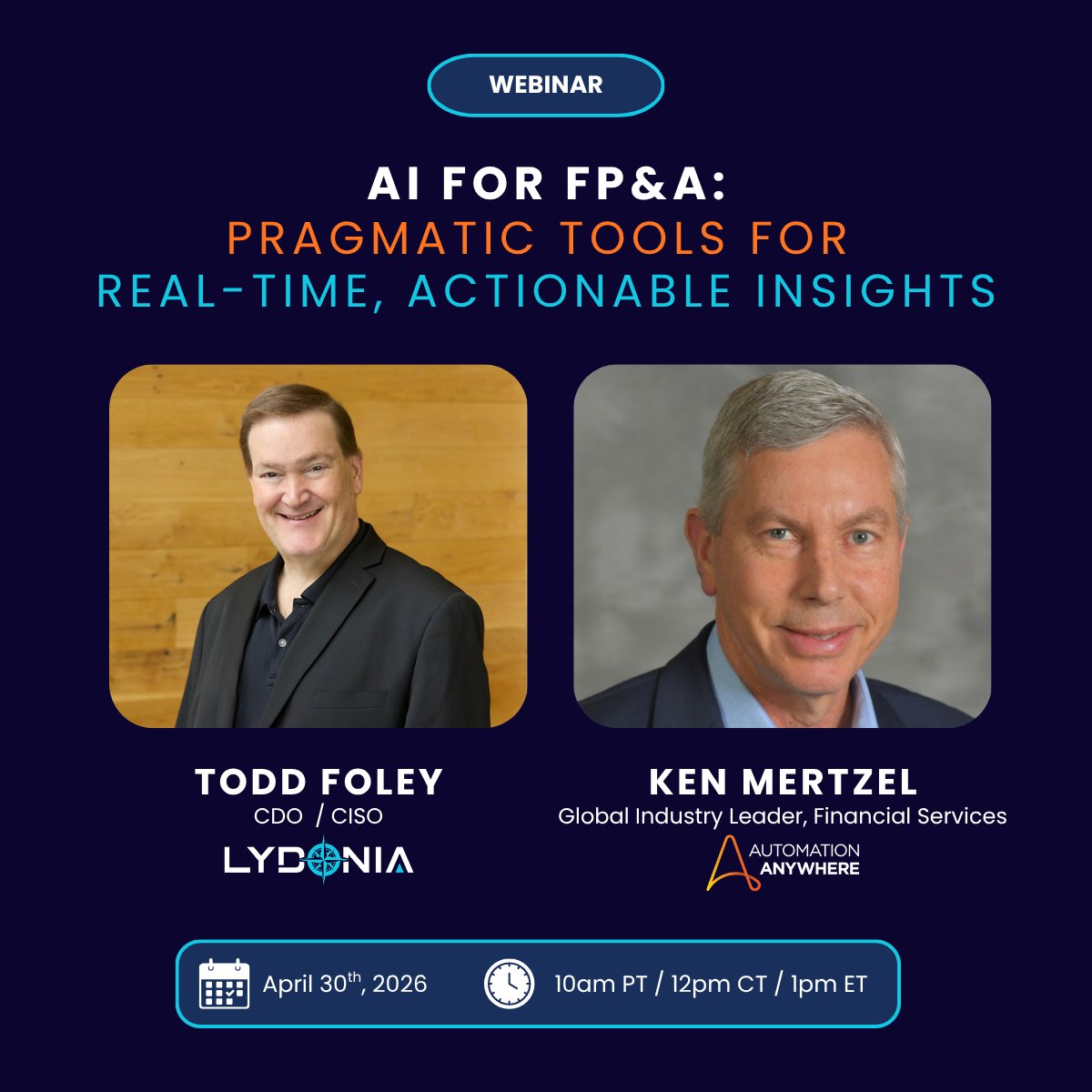 🎥WEBINAR: AI for FP&amp;A: Pragmatic Tools for Real-Time, Actionable Insights

📅 Thursday, April 30 | ⏰ 1 PM ET 

You’ll also see how agentic AI delivers measurable impact across key areas!

Register: hubs.ly/Q04bZmXr0

#GoLydo #BringingAIToLife <a href="/AutomationAnywh/">Automation Anywhere</a>