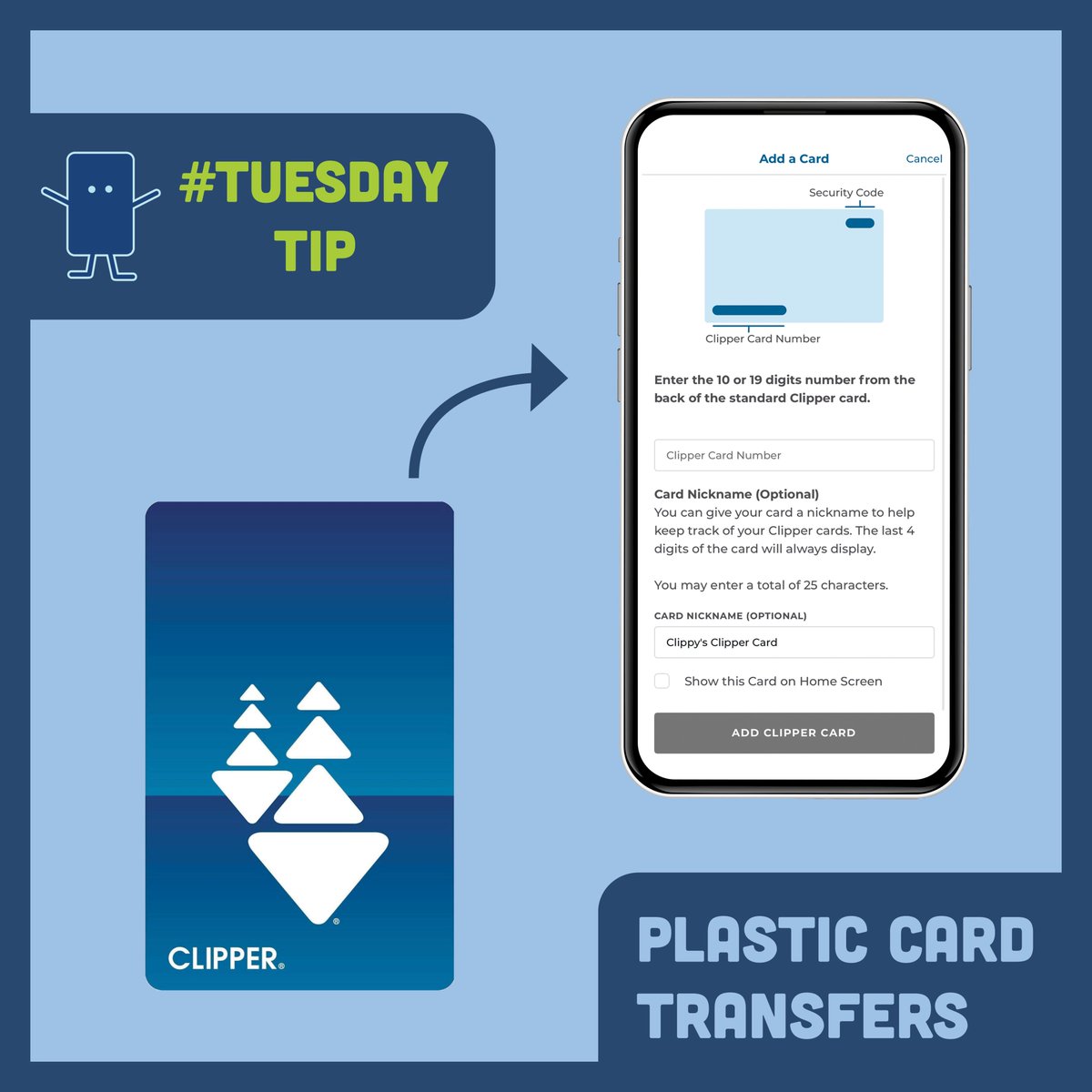 BayAreaClipper's tweet image. #TuesdayTip: Want to convert your plastic card to mobile wallet? Now you can! 📱✅   Make sure your Clipper app is up-to-date and follow our step-by-step transferring instructions at: clippercard.com/pay-with-phone

PLEASE NOTE: Once your transfer your plastic Clipper card to mobile