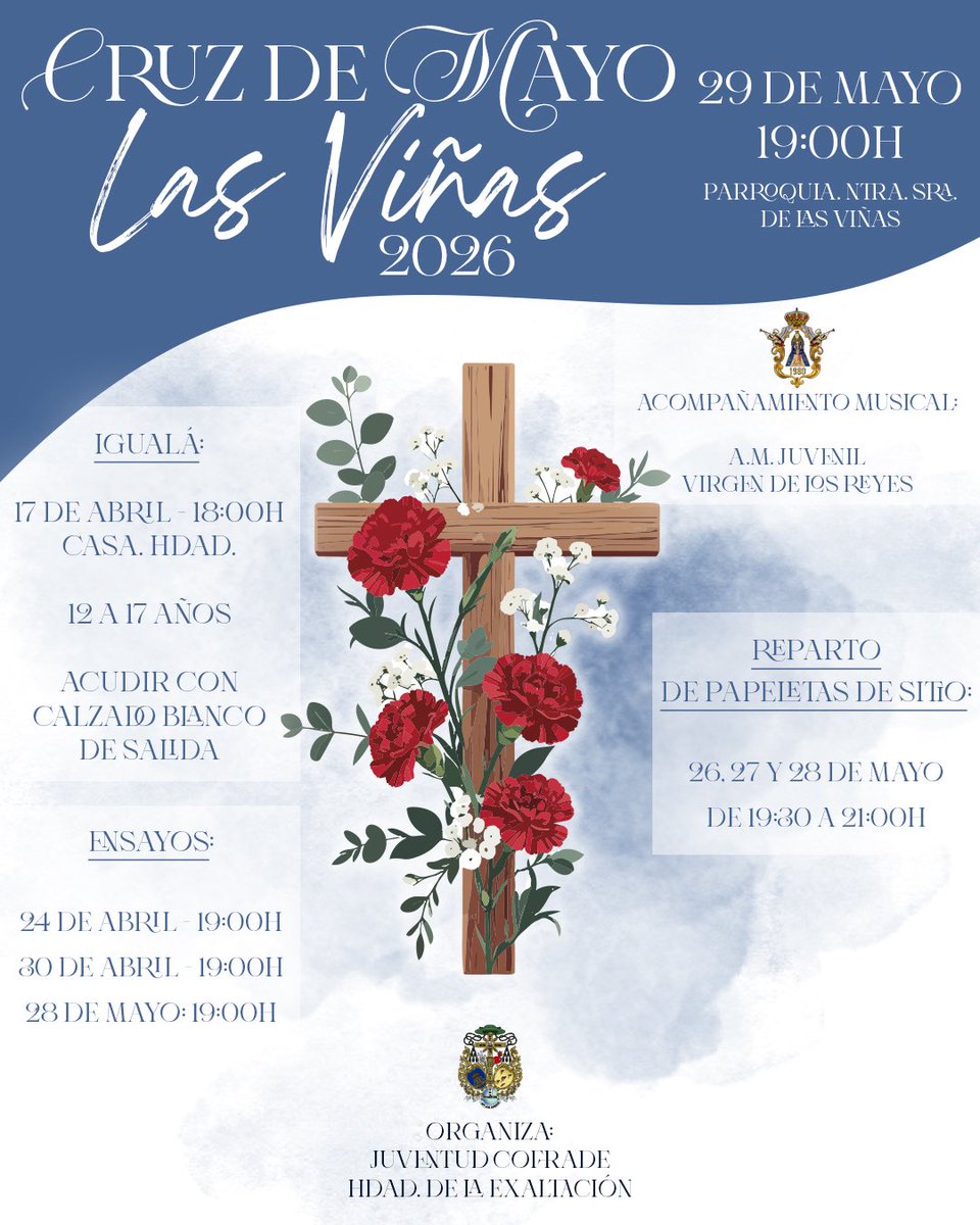 CRUZ DE MAYO LAS VIÑAS 2026✝️

Un año más, la juventud de nuestra Hermandad organiza su tradicional Cruz de Mayo por las calles de nuestro barrio. Tendrá lugar el próximo 29 de mayo a partir de las 19:00h.