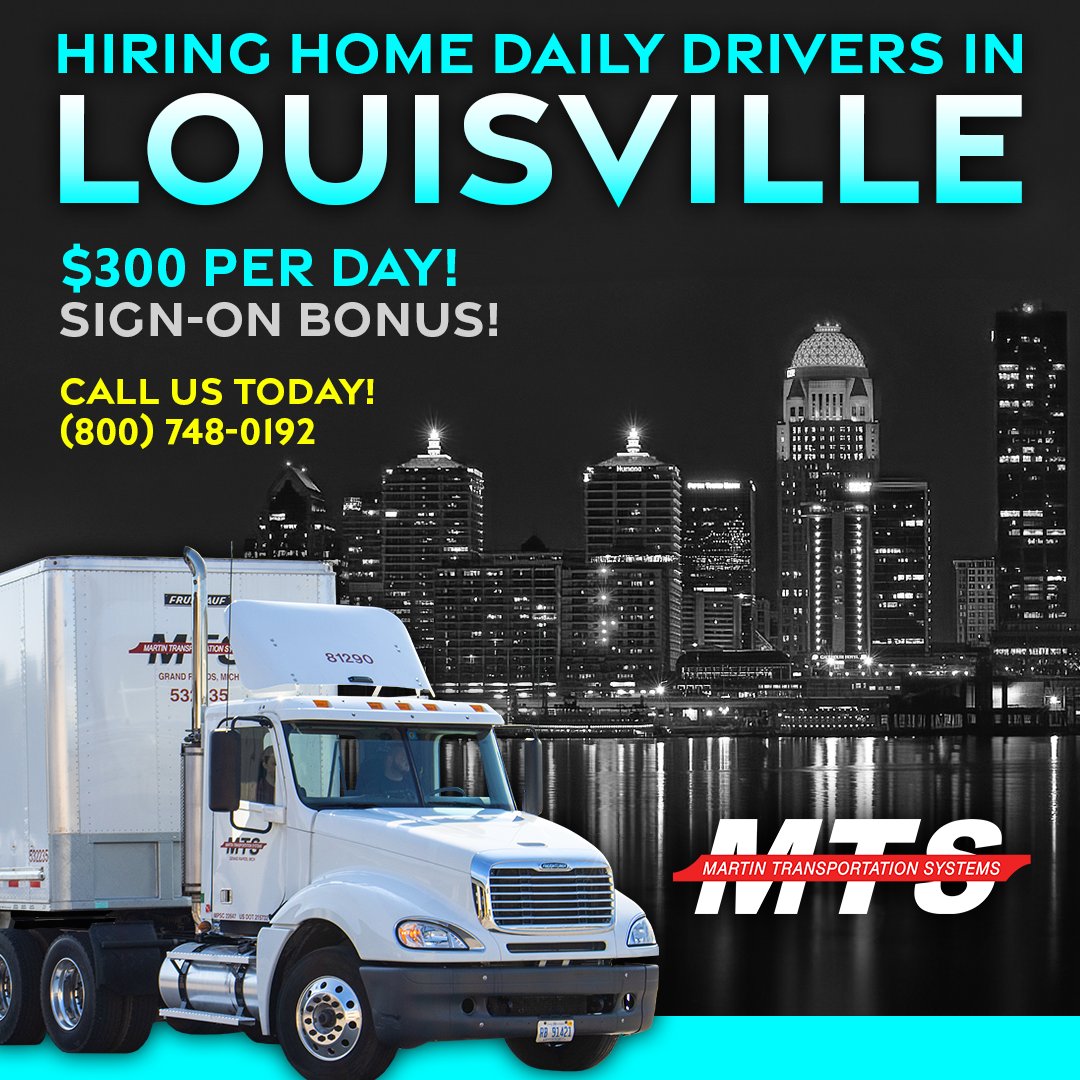 DRIVEforMTS's tweet photo. We have an excellent opportunity for Home Daily Drivers in LOUISVILLE, KY! Enjoy competitive pay and amazing benefits, along with a Sign-on Bonus! Earn $300 PER DAY! #hiring

Call today! (800) 748-0192

Learn more: https://t.co/hUtU2ozhEH
Apply now: https://t.co/PArLeLClnv https://t.co/K8JE0Rv8B1
