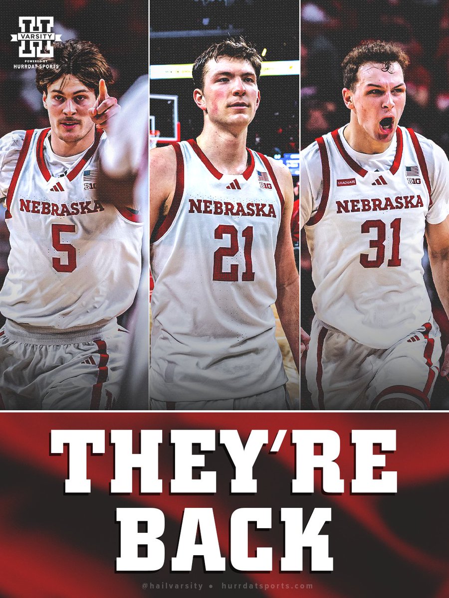 HailVarsity's tweet photo. Nebraska men's basketball announces three key players have officially re-signed for next season. 🚨

• Pryce Sandfort → 18.1 PPG, 4.9 REBS, 41.6% 3FG
• Braden Frager → 11.8 PPG, 3.8 REBS, 48.7% FG
• Cale Jacobsen → 4.6 PPG, 2.9 REBS, 52.1 FG% https://t.co/TtGojiSSsJ