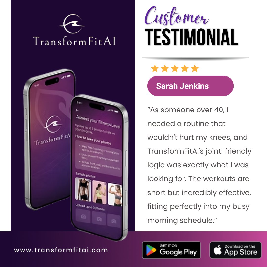 TransformFitAI's tweet image. As someone over 40, I needed a routine that wouldn't hurt my #knees, and TransformFitAI's joint-friendly logic was exactly what I was looking for. The #workouts are short but incredibly effective, fitting perfectly into my busy morning schedule.