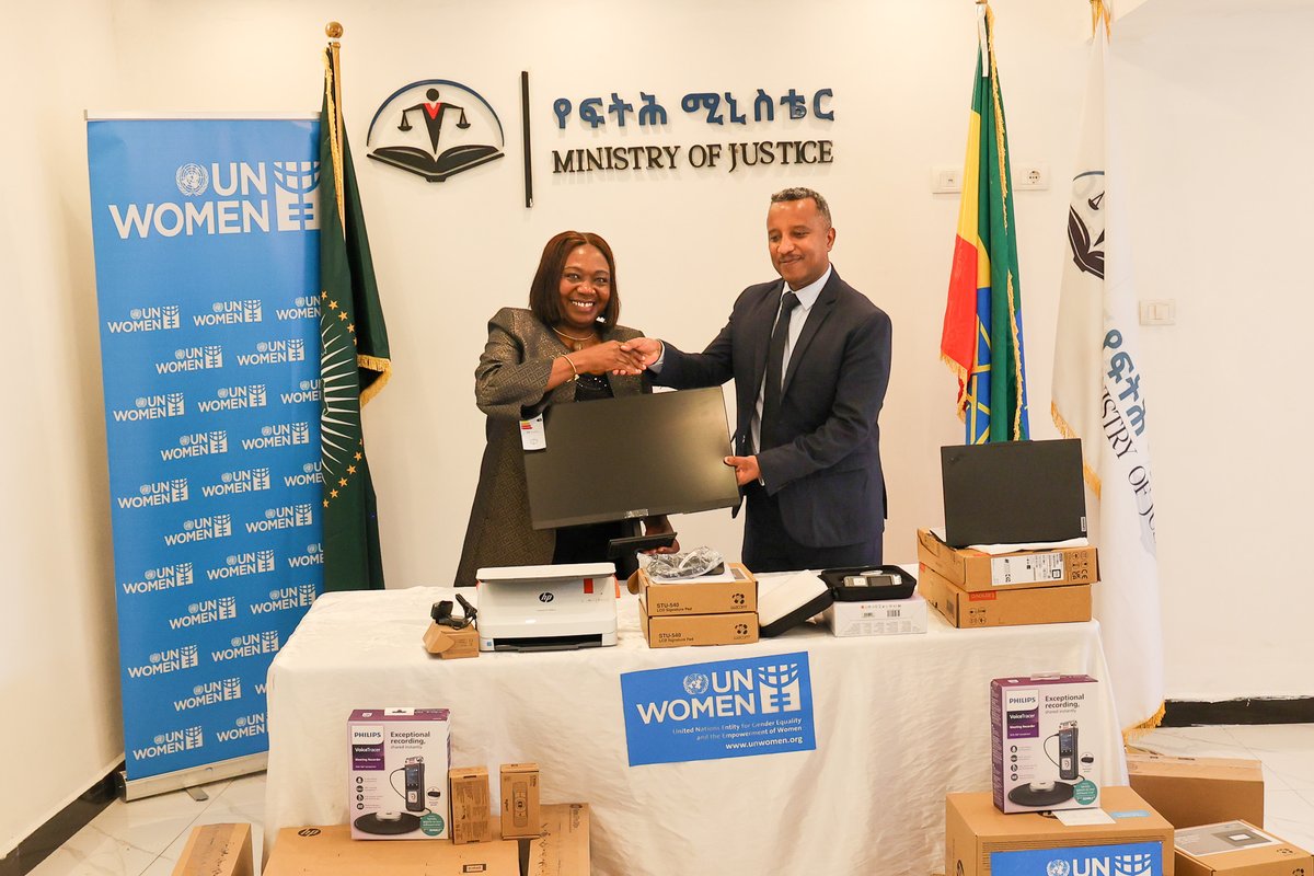 unwomenethiopia's tweet photo. Today, @unwomenethiopia handed over essential IT equipment to strengthen the Crime Registration Information Management System (CRIMS), a critical tool for improving justice and accountability for crimes against women and children. @MOJEthiopia @gatesfoundation @JennetKem https://t.co/8qxv28YdAa