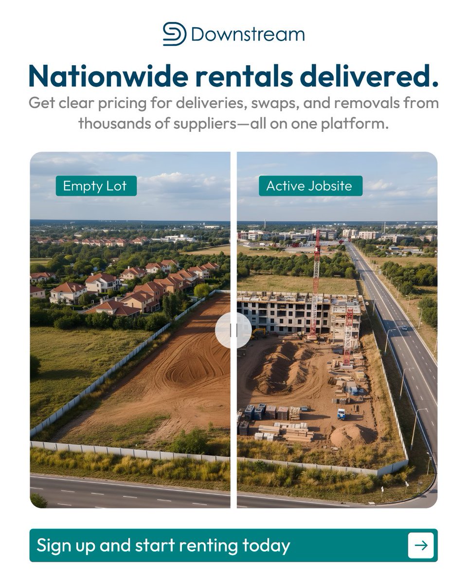 trydownstream's tweet photo. Nationwide rentals delivered to your job site 🇺🇸 
#TryDownstream and get clear pricing for deliveries, swaps, and removals 👉 all on one platform.

Sign up and start renting today → https://t.co/0OjJhKqoKe https://t.co/b0IJq5CEmB