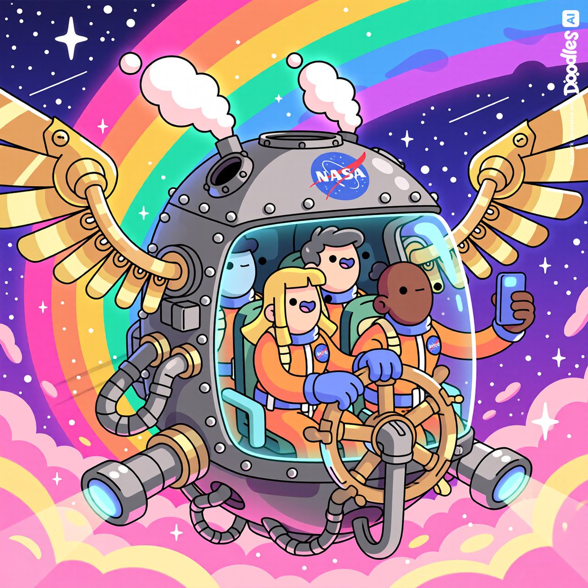 metamegumi's tweet photo. Witness the most absurd and over-engineered lunar commute in history, Artemis II. In honor of @NASA s recent trip to the Moon, I built a mechanical spacecraft where logic is irrelevant and absurdities are mandatory. 😂 Pipes, gear, steam engines, torches, rudders, mechanic wings https://t.co/7TWQcTGyVj
