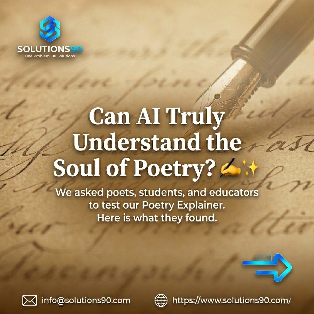 Solutions90_'s tweet image. Can AI capture the soul of poetry? ✍️✨

We tested our Poetry Explainer and the feedback is in!

✅ 90% Regional Accuracy 
✅ Deep Thematic Insights 
✅ Premium Experience

Stop analyzing. Start experiencing: 

🔗 poetryexplainer.solutions90.com
#AI #Poetry #EdTech #Solutions90