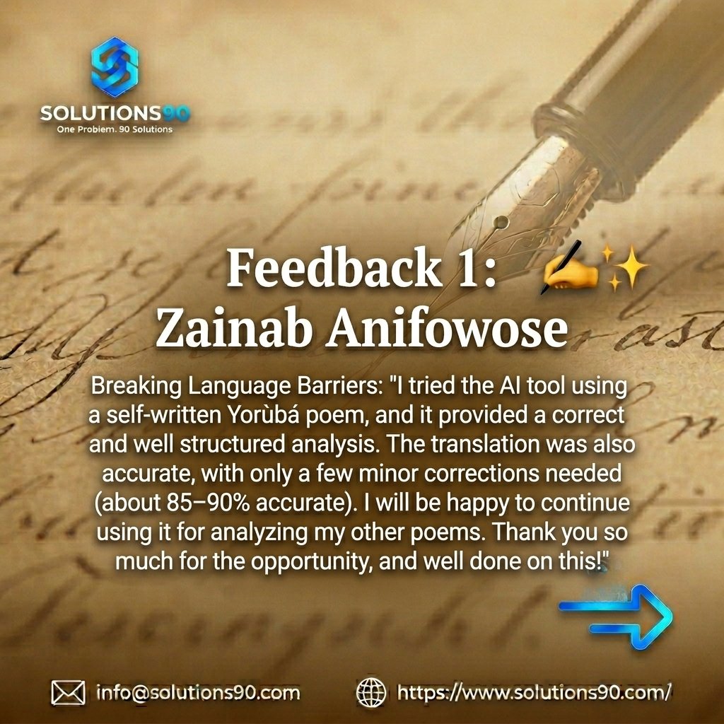 Solutions90_'s tweet image. Can AI capture the soul of poetry? ✍️✨

We tested our Poetry Explainer and the feedback is in!

✅ 90% Regional Accuracy 
✅ Deep Thematic Insights 
✅ Premium Experience

Stop analyzing. Start experiencing: 

🔗 poetryexplainer.solutions90.com
#AI #Poetry #EdTech #Solutions90