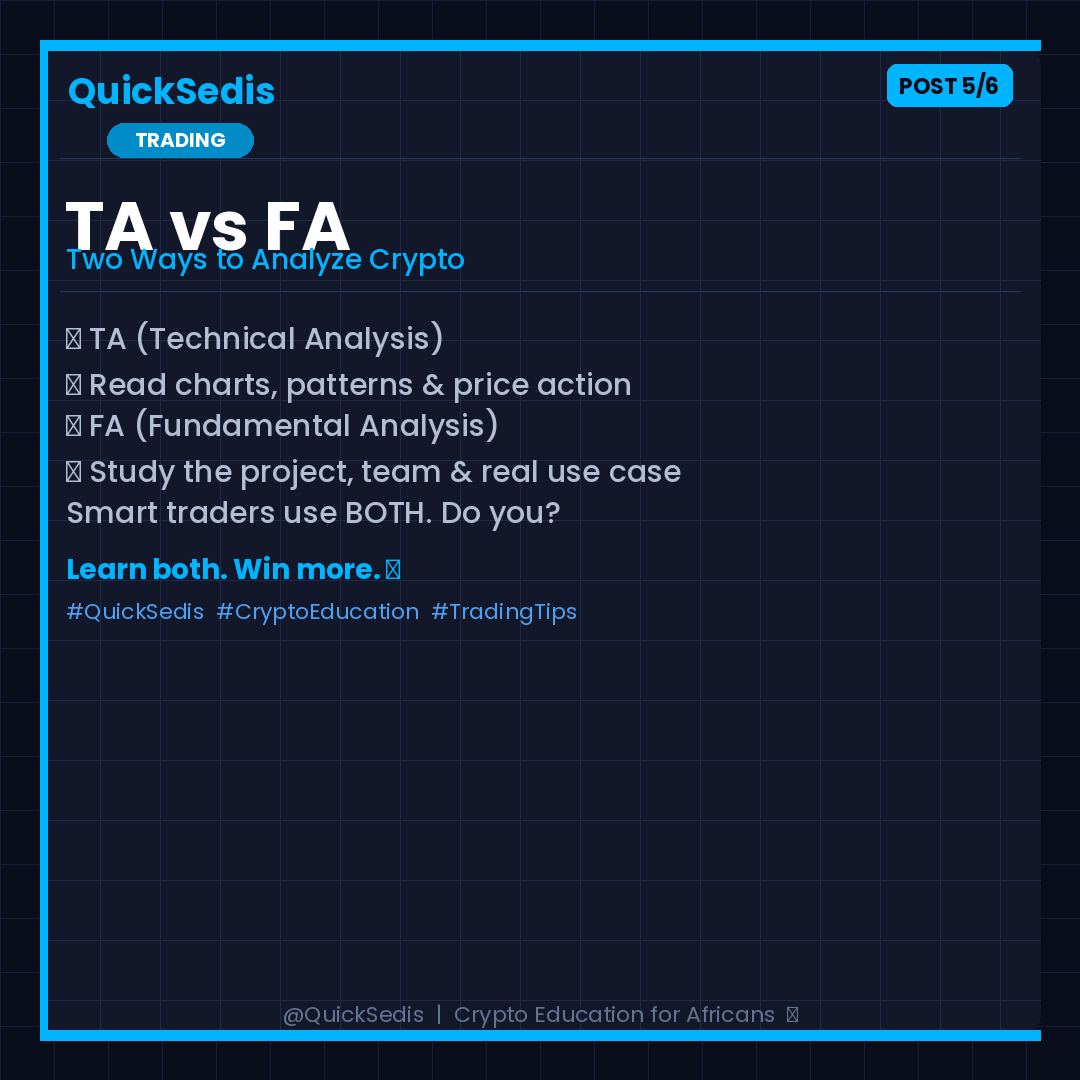 QuickSedis's tweet photo. Two ways to study crypto: 📊 TA = reading charts &amp; patterns. 🔍 FA = studying the project, team &amp; real-world use.

Smart traders use BOTH. Learn them. Use them. Win! 💪

#QuickSedis #CryptoGhana #TradingTips #CryptoEducation https://t.co/px59Rb3n3F