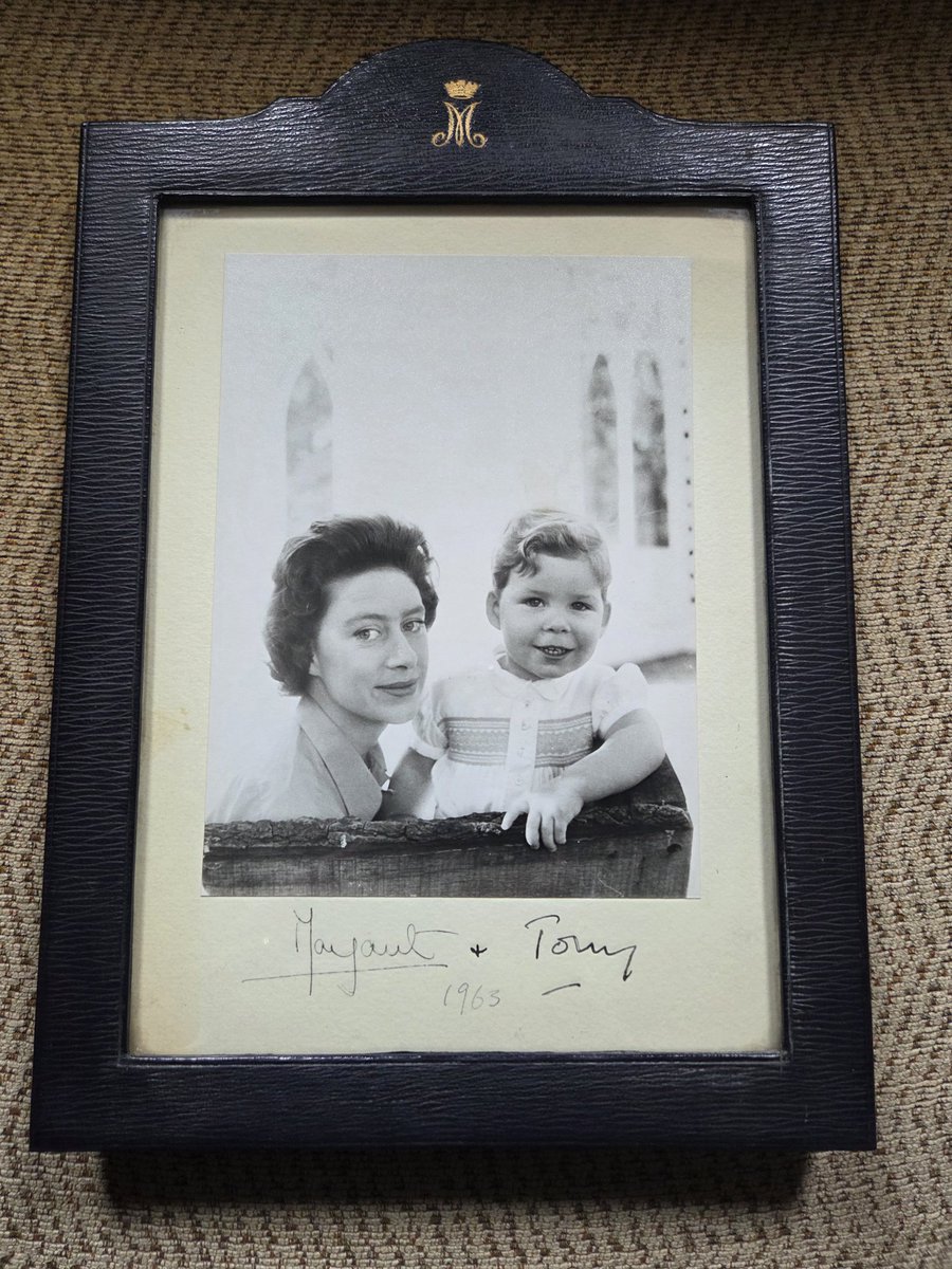 A beautiful hand signed mounted Royal portrait of HRH Princess Margaret, Countess of Snowdon, Sister to HM Queen Elizabeth II, and her then two-year-old son, Lord Linley, a photograph taken by the Princess's husband, Lord Snowdon.