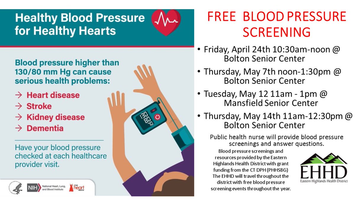 Spring is a great time to Know Your Numbers!  Take good care of your health. Let us help.  Free blood pressure screenings coming up in Mansfield and Bolton. Find details in Hot Topics at EHHD.org