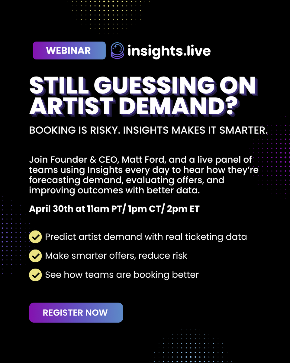 prismfm's tweet photo. Still guessing on demand?

See how venues &amp; promoters are using Insights to forecast demand, evaluate offers, and reduce risk with real data.

📅 April 30 | 11am PT / 1pm CT / 2pm ET
Register here: https://t.co/nfUbYfRehA https://t.co/P6CbY9XarX