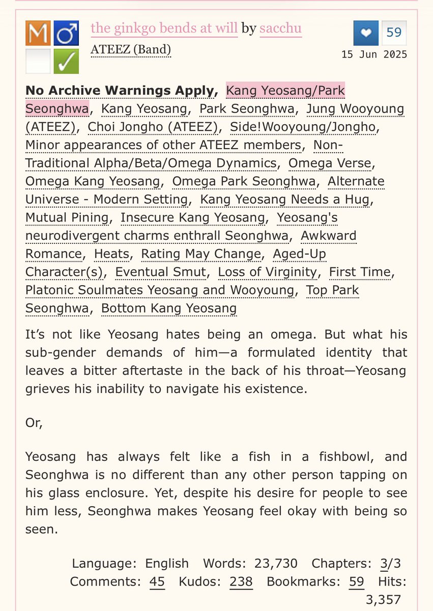 ruoyemings's tweet image. Day 9 of daily 8tz fic recs

the ginkgo bends at will by sacchu
🐰👑

1. Fluffyyyyy
2. Neurodivergent ys 
3. Omegaverse 

archiveofourown.org/works/65411569…