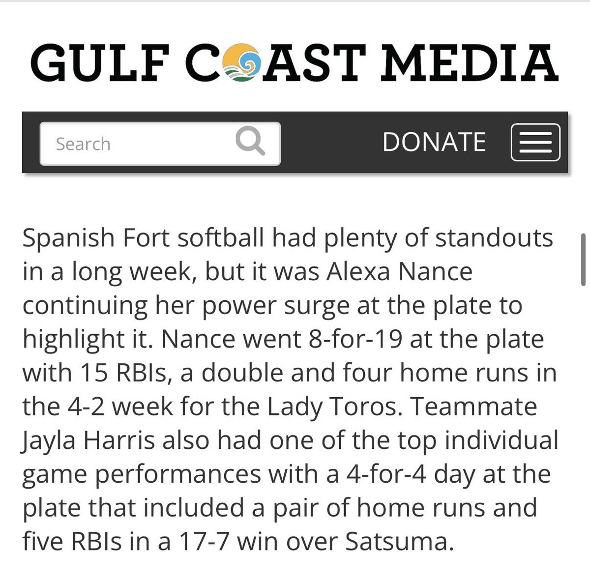 Thank you <a href="/GCMSportsAL/">Gulf Coast Media Sports</a> for the write up about <a href="/torosoftball/">Spanish Fort Softball</a>! <a href="/BamaSparks2011/">Alabama Sparks Elite - Stewart 14U</a> <a href="/LineDsoftball/">Line Drive Media</a> <a href="/SoftballDown/">Down South Softball</a> <a href="/MaxPreps/">MaxPreps</a> <a href="/Softball_Home/">Softball Home🥎</a> <a href="/SportPrepX/">SportPrepX</a>