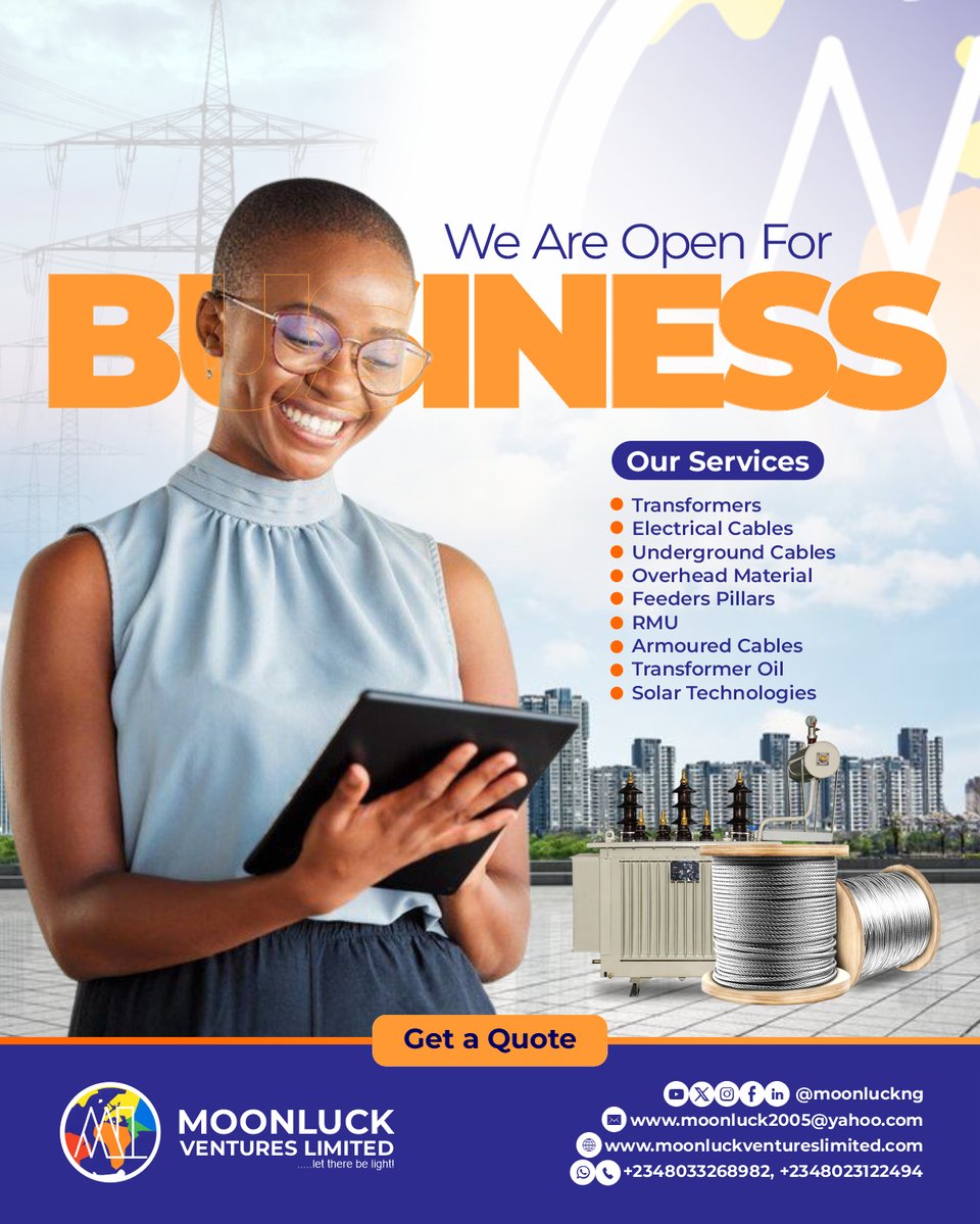 MoonluckNG's tweet image. We’re open for business
 
From transformers to cables &amp;amp; solar solutions, Moonluck Ventures Limited powers your projects with reliability.

Let’s get you connected.

📞 Get a quote today
+234803 326 8982

#OpenForBusiness #MoonluckVentures #StayPowered