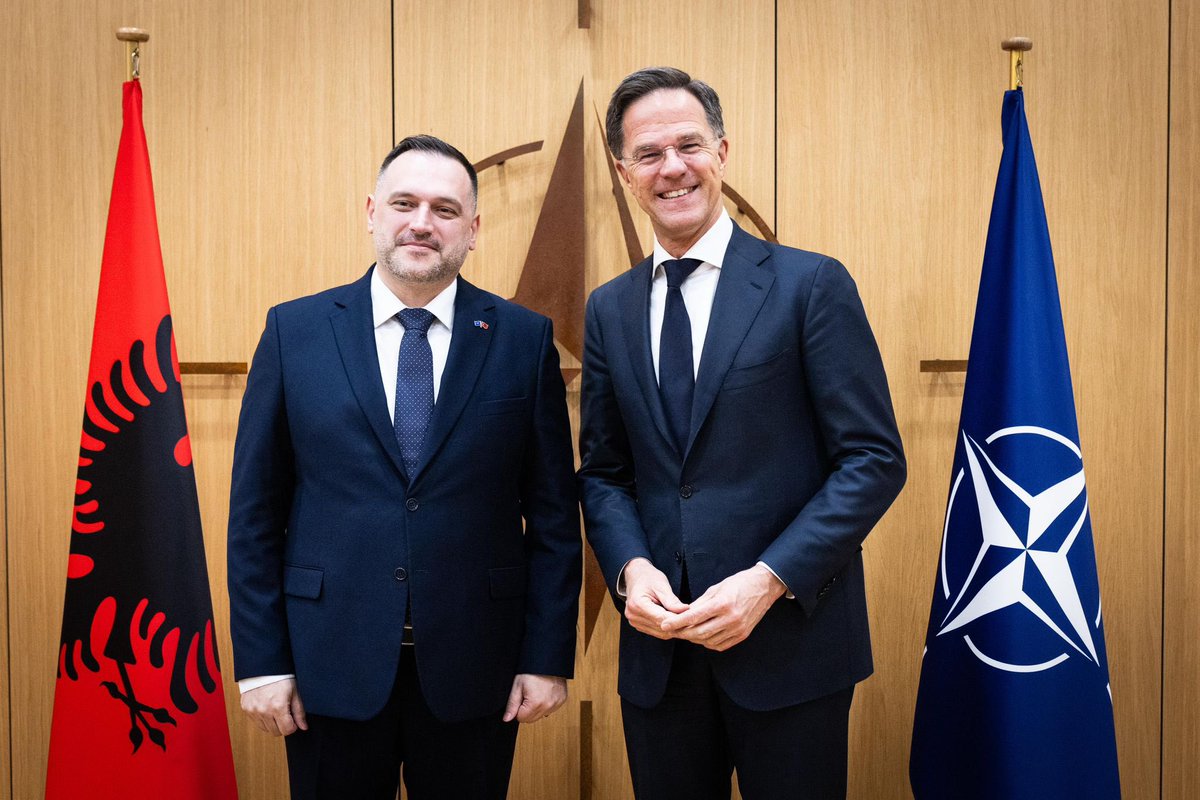 NATOpress's tweet photo. .@SecGenNATO met with 🇦🇱 Defence Minister Ermal Nufi at NATO HQ. SG emphasised Albania’s commitment to the Alliance and to strengthening collective security. During their meeting, they discussed support to Ukraine and security in the Western Balkans. https://t.co/0EdaiZ0ZUQ