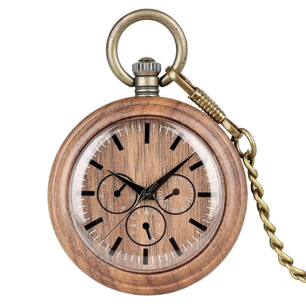 iSmartHomeGear's tweet image. A handcrafted walnut pocket watch showcasing its unique grain, chronograph face (3 sub-dials), antique-brass crown &amp;amp; chain, and natural-wood back — a stylish everyday accessory or thoughtful gift. $129.99 ⌚️🌲 #Handmade #PocketWatch rpst.cc/ithMJC