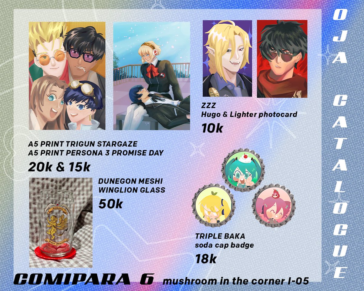 matomatika's tweet photo. [🫶RT] heyya here's my #comipara6 catalogues ✨
📌mushroom in the corner booth I-05
🗓️ 18 - 19 April in Jogja Expo Center
🎭 fandom: OC, Dorohedoro, SMT &amp; Persona, Dungeon Meshi, and so on
book preview below 👇
I will boothing with @halokelincipagi , see you there!! https://t.co/jRhc90pbEh