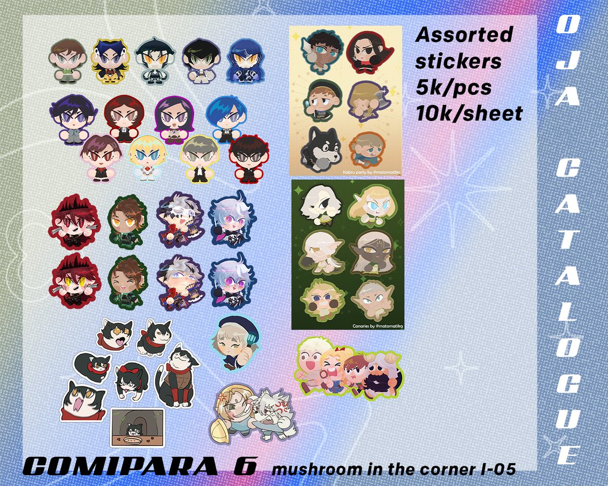 matomatika's tweet photo. [🫶RT] heyya here's my #comipara6 catalogues ✨
📌mushroom in the corner booth I-05
🗓️ 18 - 19 April in Jogja Expo Center
🎭 fandom: OC, Dorohedoro, SMT &amp; Persona, Dungeon Meshi, and so on
book preview below 👇
I will boothing with @halokelincipagi , see you there!! https://t.co/jRhc90pbEh