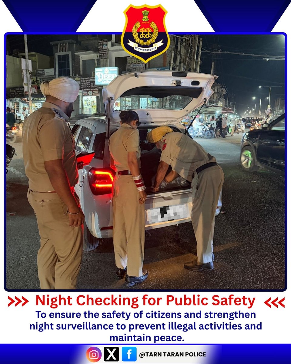 TarnTaranPolice's tweet photo. 🚨 Tarn Taran Police Conducts Night Checking Drive 🚨
To ensure public safety and curb criminal activities, Tarn Taran Police carried out intensive night checking across key locations.
#NightChecking https://t.co/fp9Khfx7zL