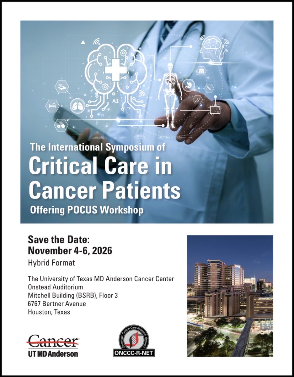 ONCCCRNET's tweet photo. Save the date!

The International Symposium of Critical Care in Cancer Patients
November 4–6, 2026 | Houston, TX + Hybrid

Hosted by The University of Texas MD Anderson Cancer Center

More details to follow.

#ISCCCP2026 #CriticalCare #OncoCriticalCare https://t.co/dmCBGhKXed
