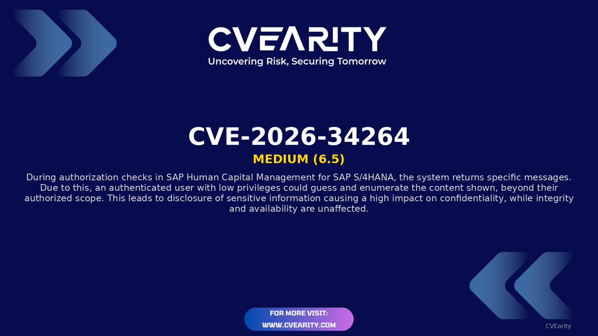 CVEarity's tweet image. ⚡ New CVE Alert: CVE-2026-34264
📊 Severity: 6.5
🚨 Risk Level: Medium
🧩 Affects: Sap

Reference: nvd.nist.gov/vuln/detail/CV…

#CVE-2026-34264 #CVE #Medium #Sap #CyberSecurity #InfoSec