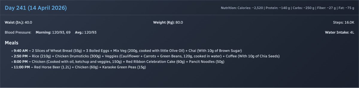motu_progress's tweet image. Day 241 Finished.
It was a bad day. Unexpectedly became a beer day. So I ate some extra chicken before it. Then beer and some chicken. Protein reached 140g. Steps were 16k while holding baby
#weightloss #weightlossjourney #Day241